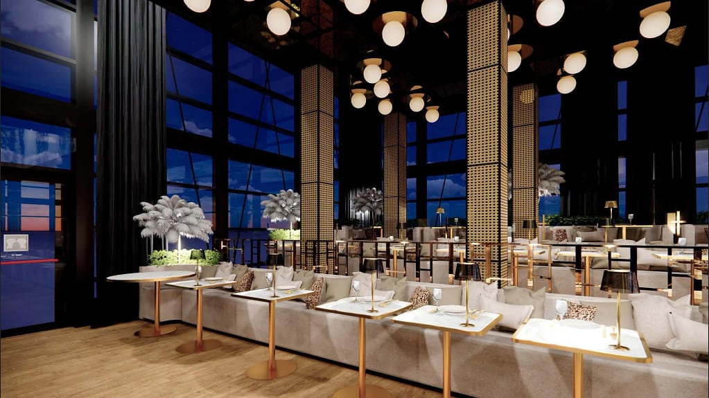 Hospitality & Gastronomic Assets — Asset alberghieri e ristorativi per investitori 8 Hospitality & Gastronomic Assets: il ristorante spettacolo di OCEANA, tavoli lungo le vetrate