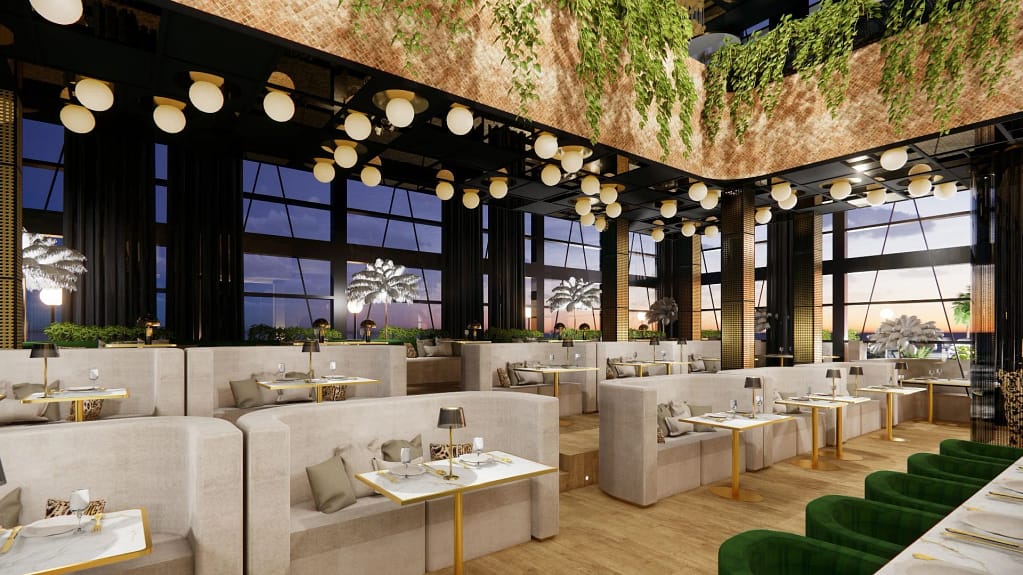 Hospitality Punta Cana — Asset ristorativi a OCEANA 4 Ristorante spettacolo Punta Cana: la sala di OCEANA con divani, tavoli e vetrate