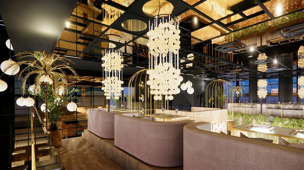 Show Restaurant Punta Cana — OCEANA, Los Corales 9 Hospitality Dominican Republic: the OCEANA show restaurant with sculptural chandeliers