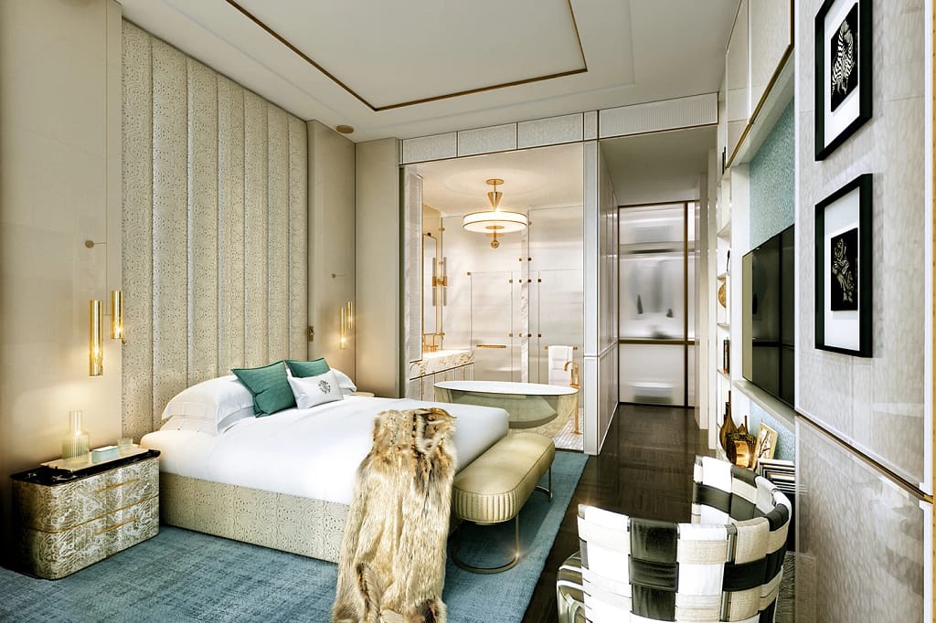 Cavalli Tower — Cavalli-branded residences in Dubai Marina 15 Cavalli Tower: bedroom with Cavalli interiors and a freestanding bathtub
