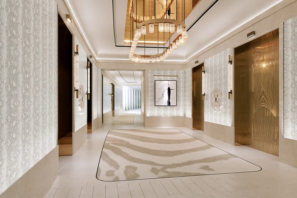 Cavalli Tower — Cavalli-branded residences in Dubai Marina 13 Cavalli Tower: lift lobby with a patterned floor