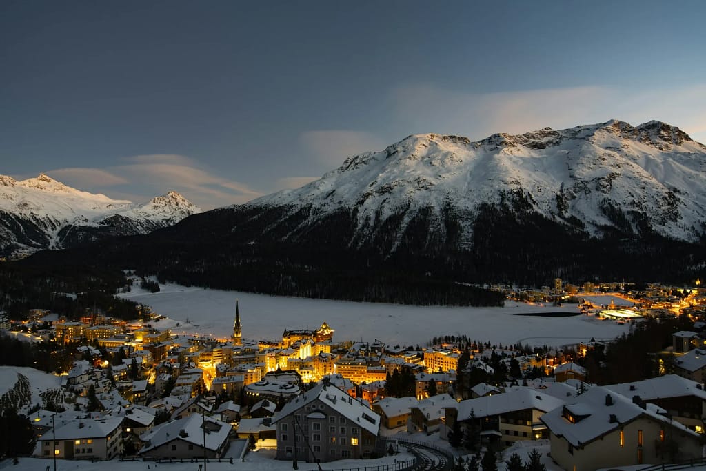 Luxury Fashion by Destination — UHNW Style 18 Alpine village at sunset, luxury in the mountains