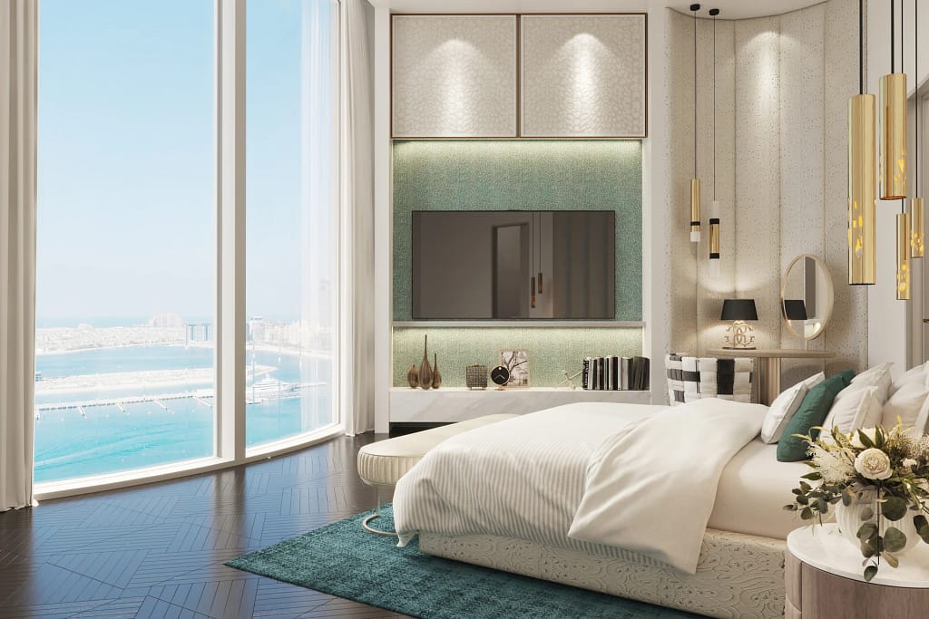 Cavalli Tower — Cavalli-branded residences in Dubai Marina 22 Cavalli Tower: bedroom of a Super Luxury duplex with a view of the Palm