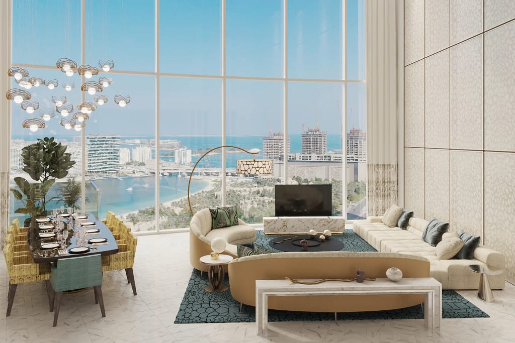 Cavalli Tower — Cavalli-branded residences in Dubai Marina 11 Cavalli Tower: double-height living room of a Super Luxury duplex