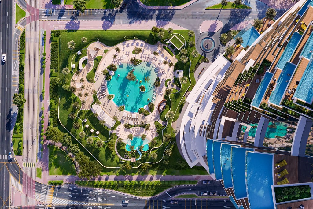 Cavalli Tower — Cavalli-branded residences in Dubai Marina 4 Cavalli Tower from above: beach pool and podium gardens