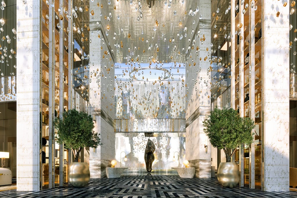 Cavalli Tower — Residenze firmate Cavalli a Dubai Marina 20 Cavalli Tower: la lobby a quattro piani con cascata interna