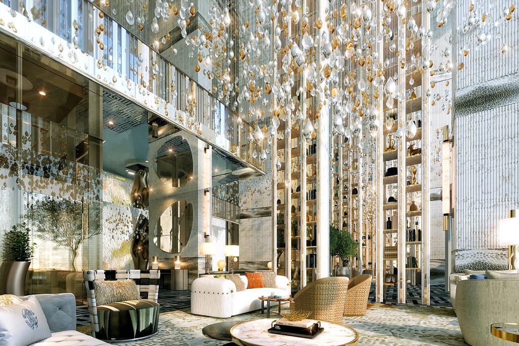Cavalli Tower — Residenze firmate Cavalli a Dubai Marina 12 Cavalli Tower: la lobby alta quattro piani con lucernario