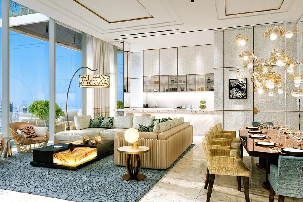 Cavalli Tower — Cavalli-branded residences in Dubai Marina 23 Cavalli Tower: living room with the kitchen open and a view of the Palm