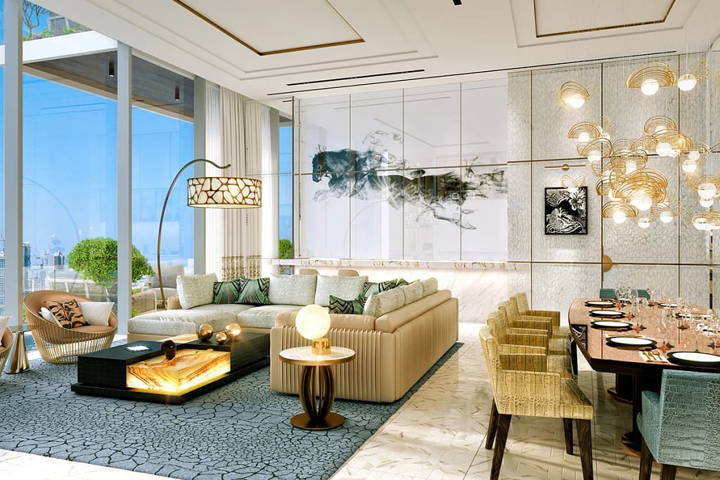 Cavalli Tower — Cavalli-branded residences in Dubai Marina 9 Cavalli Tower: living room with the sliding art wall that conceals the kitchen