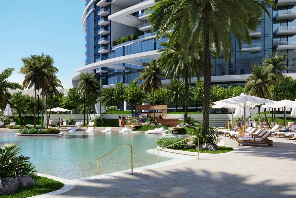 Cavalli Tower — Cavalli-branded residences in Dubai Marina 5 Cavalli Tower: the 900 sq m beach pool on the podium, among the palms