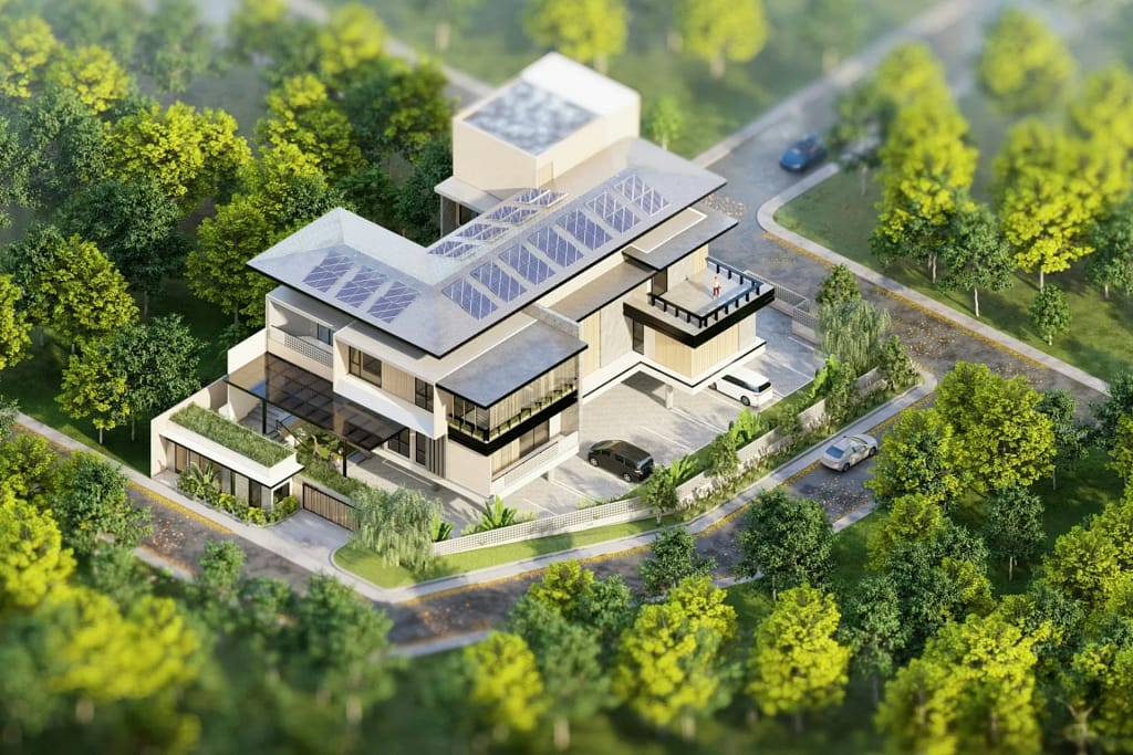 Mechanical Ventilation — Energy, Air and Water 13 Contemporary villa with solar panels on the roof and a garden (illustrative photo)