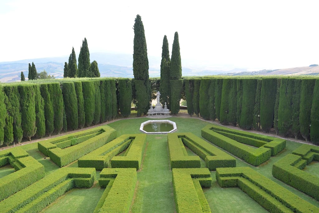 Formal garden with hedges and cypress trees at Villa La Foce, Chianciano Terme, Tuscany