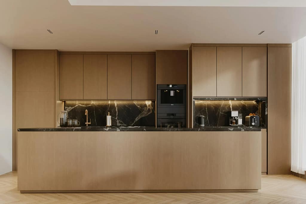 Luxury Kitchens — Kitchen, Appliances and Compost 14 Luxury kitchens: wooden tall units with built-in ovens (illustrative photo)