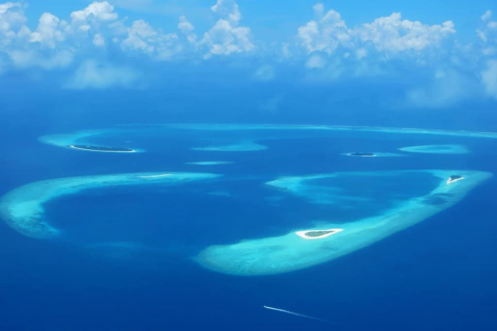 Maldives travel: islands and lagoons of Baa Atoll from above