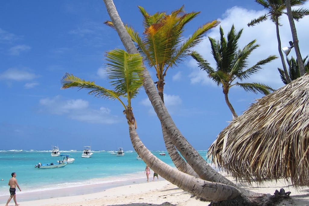 Hotel Punta Cana in vendita — Hotel urbano e aeroportuale 1 Hotel Punta Cana in vendita: palme inclinate sulla spiaggia con il mare turchese e le barche