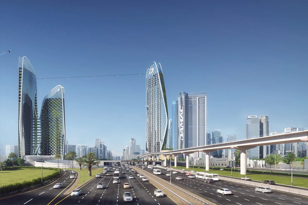 Safa Two — de GRISOGONO tower on Sheikh Zayed Road, Dubai 2 Safa Two and Safa One on either side of Sheikh Zayed Road