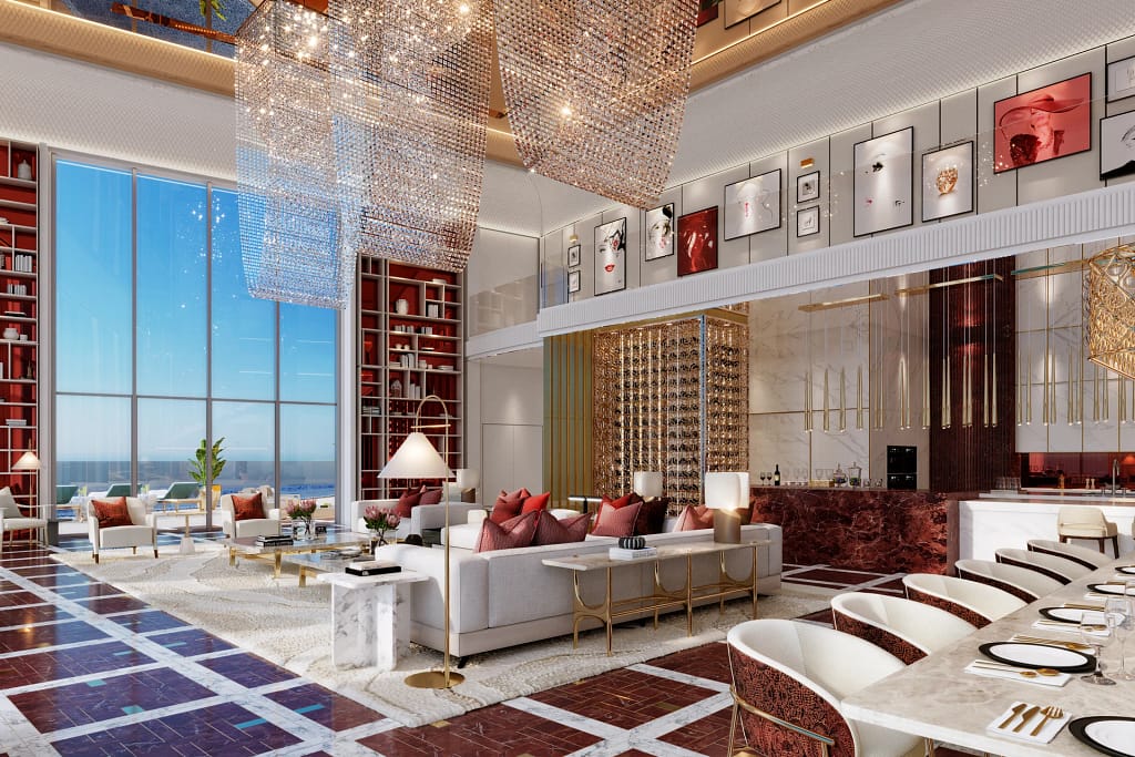 Safa Two — de GRISOGONO tower on Sheikh Zayed Road, Dubai 19 Safa Two: double-height living room of a penthouse