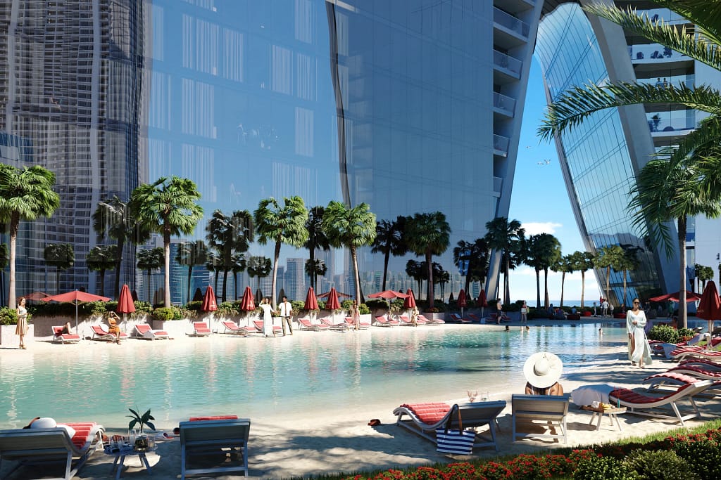 Safa Two — Torre de GRISOGONO sulla Sheikh Zayed Road, Dubai 5 Safa Two: la spiaggia artificiale del podio con lettini e palme