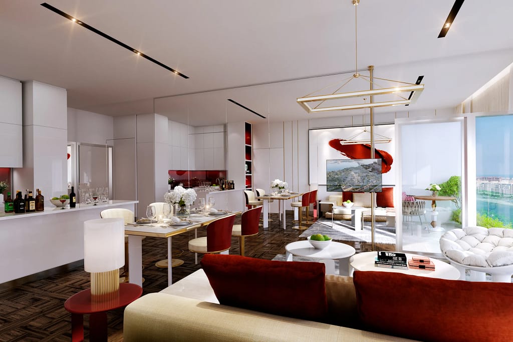 Safa Two — de GRISOGONO tower on Sheikh Zayed Road, Dubai 10 Safa Two: living room of a 2-bedroom apartment with ruby details