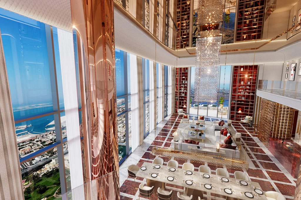 Safa Two — de GRISOGONO tower on Sheikh Zayed Road, Dubai 23 Safa Two: penthouse dining room with a city view