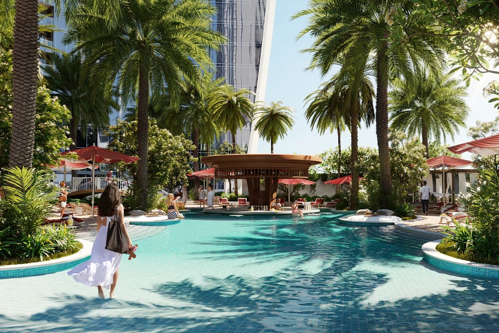 Safa Two — de GRISOGONO tower on Sheikh Zayed Road, Dubai 6 Safa Two: the podium beach pool among the palms