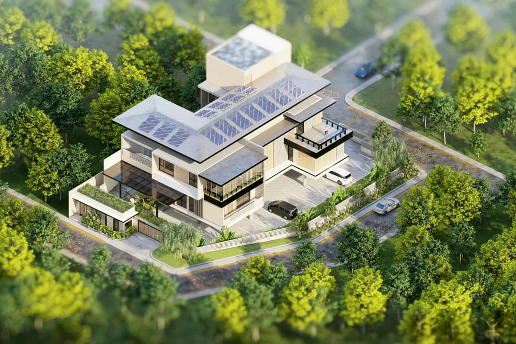 Ventilazione meccanica, energia e acqua 13 Villa contemporanea con pannelli fotovoltaici sul tetto e giardino (foto illustrativa)