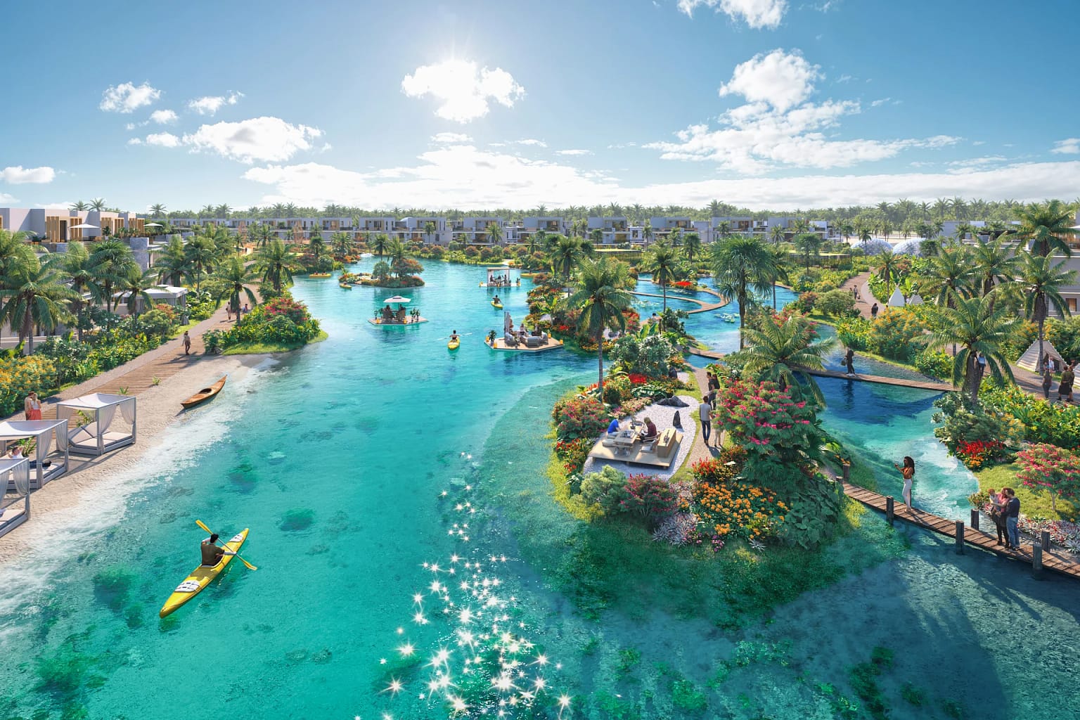 DAMAC Islands 2 — Ville e townhouse a Dubailand, Dubai 16 DAMAC Islands 2: laguna con spiaggia di sabbia e kayak tra le palme