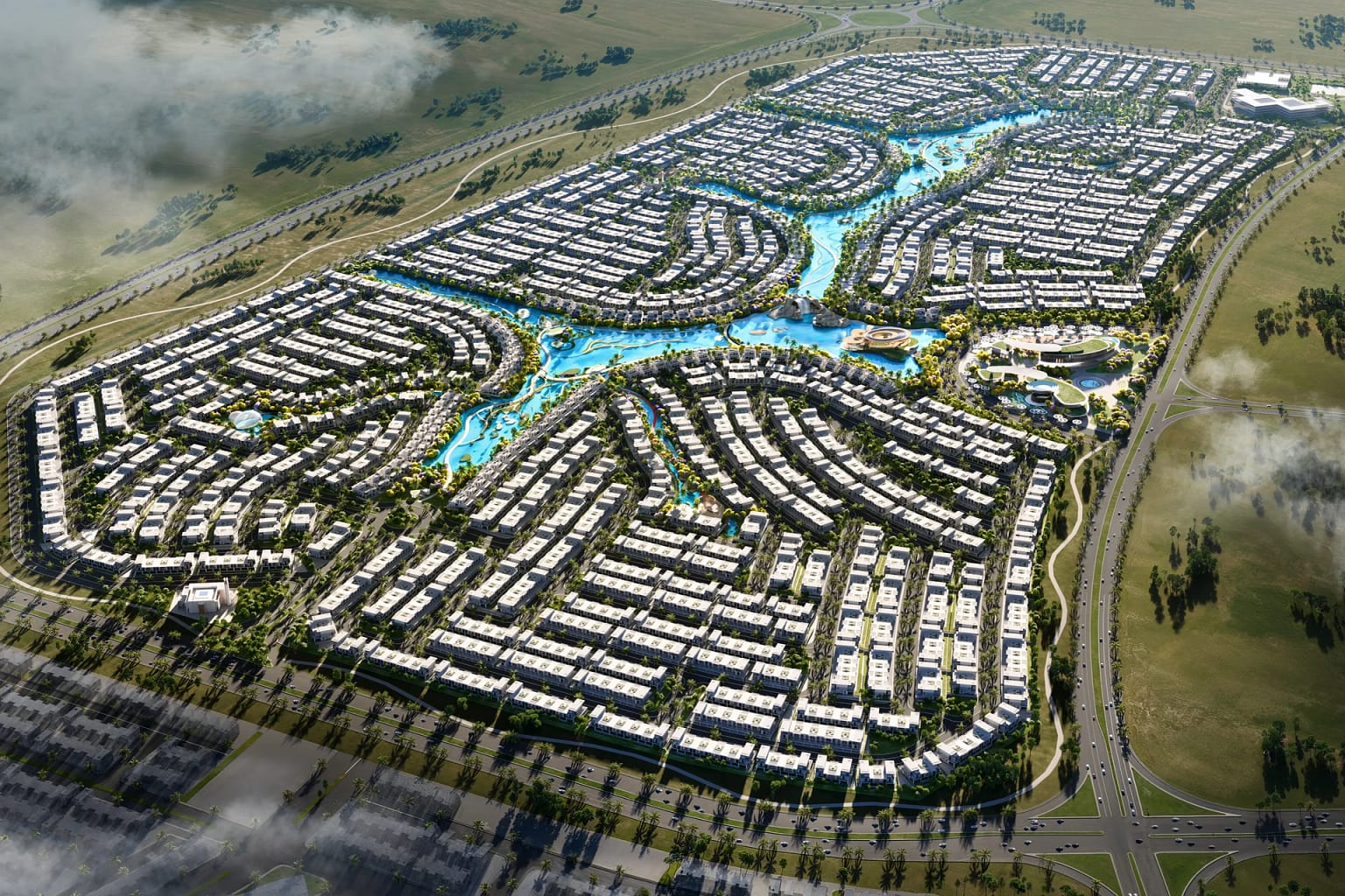 DAMAC Islands 2 — Villas and Townhouses in Dubailand, Dubai 6 DAMAC Islands 2: master plan from above with lagoons, villas and townhouses