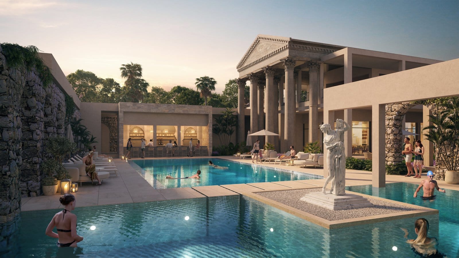 View PoolBar Poseidonia Cana Bay — render dell'area piscina e del pool bar della residenza, Punta Cana