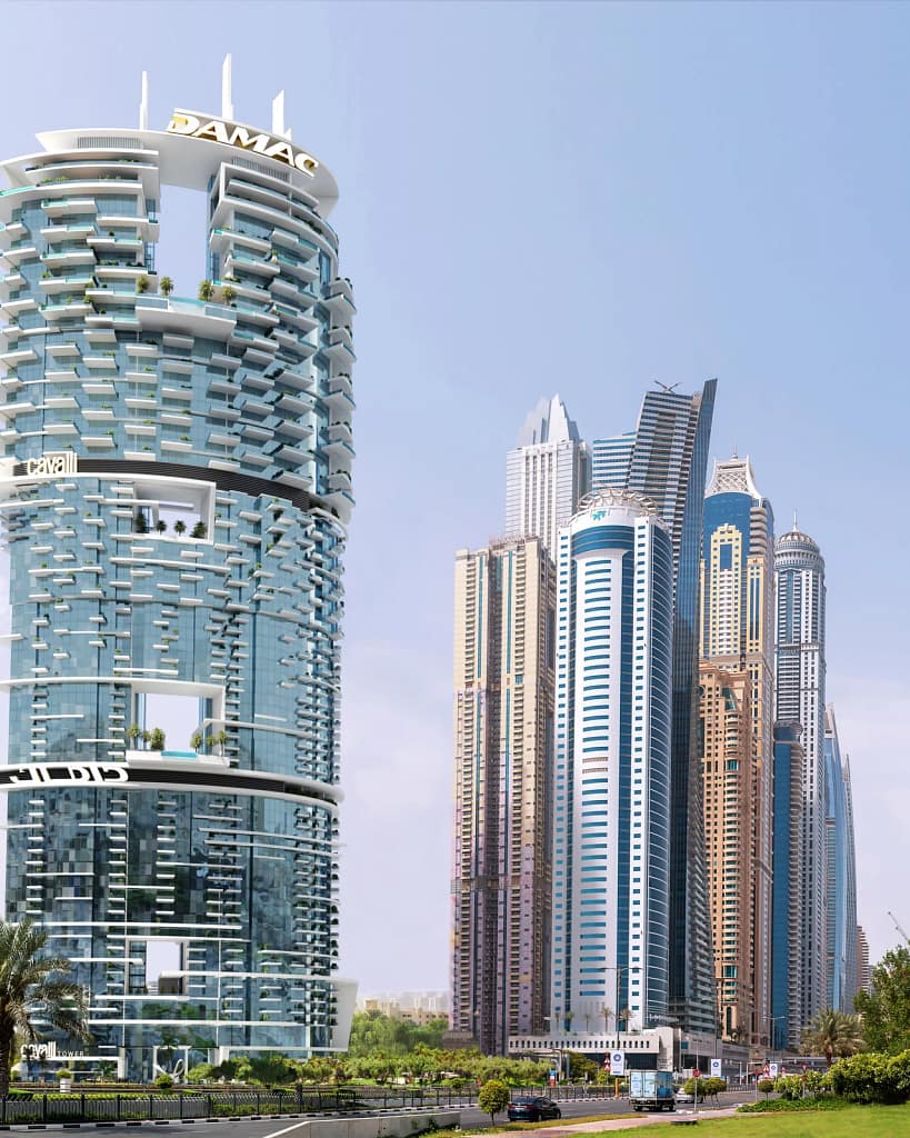 Cavalli Tower ad Al Sufouh: la torre di 70 piani vista dalla strada, accanto a Dubai Marina
