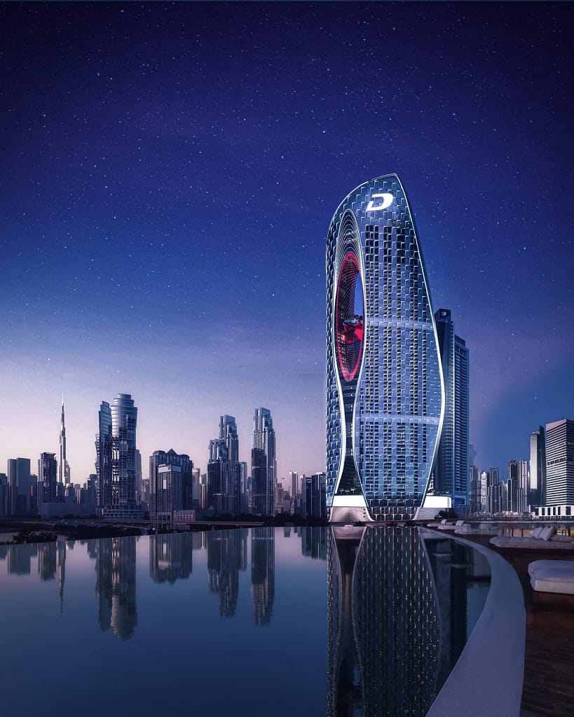 Safa Two at night reflected in the Dubai Canal